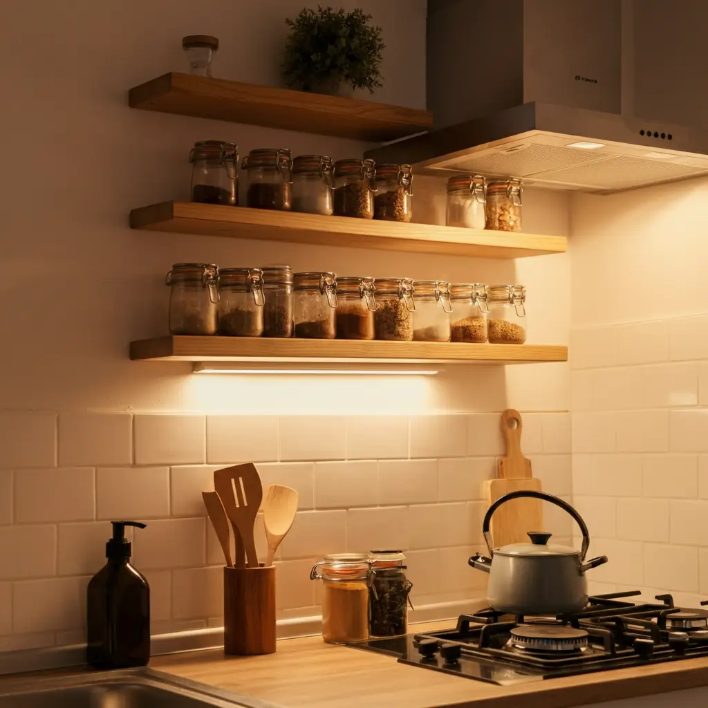 A compact kitchen featuring floating wooden shelves storing spices and utensils, maximizing vertical space.