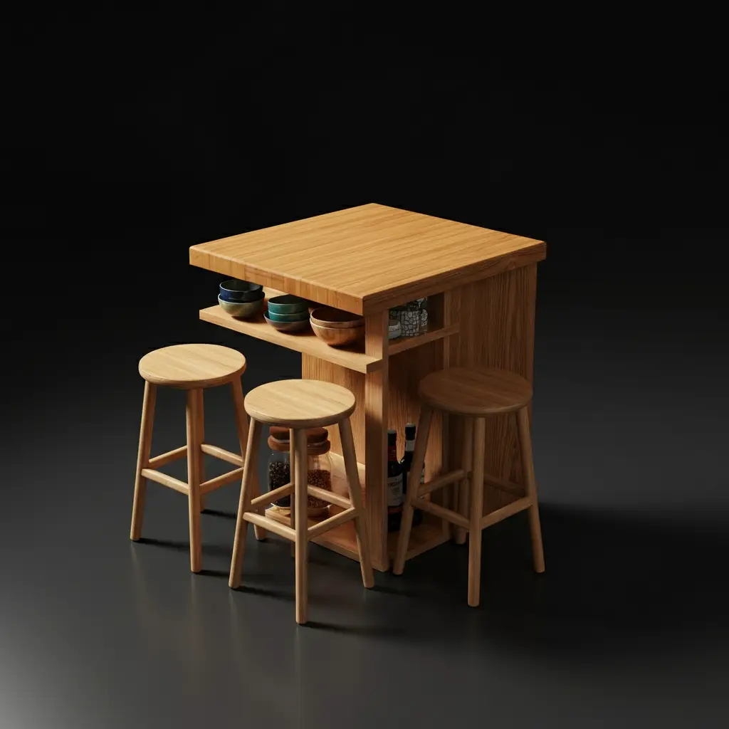A tiny kitchen island with built-in storage shelves, a butcher block top, and two stools tucked underneath.