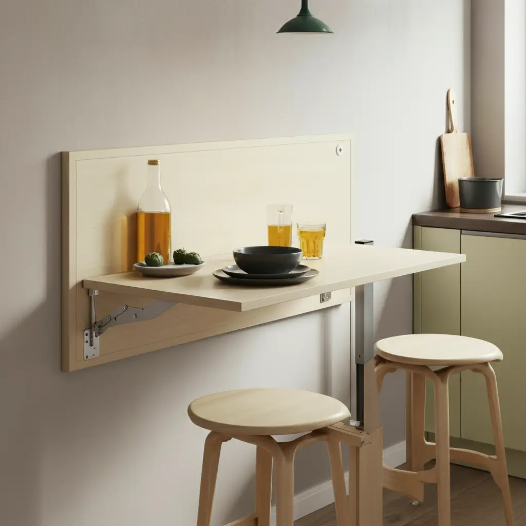 A minimalistic foldable table attached to a tiny kitchen wall with stylish stools tucked away underneath.