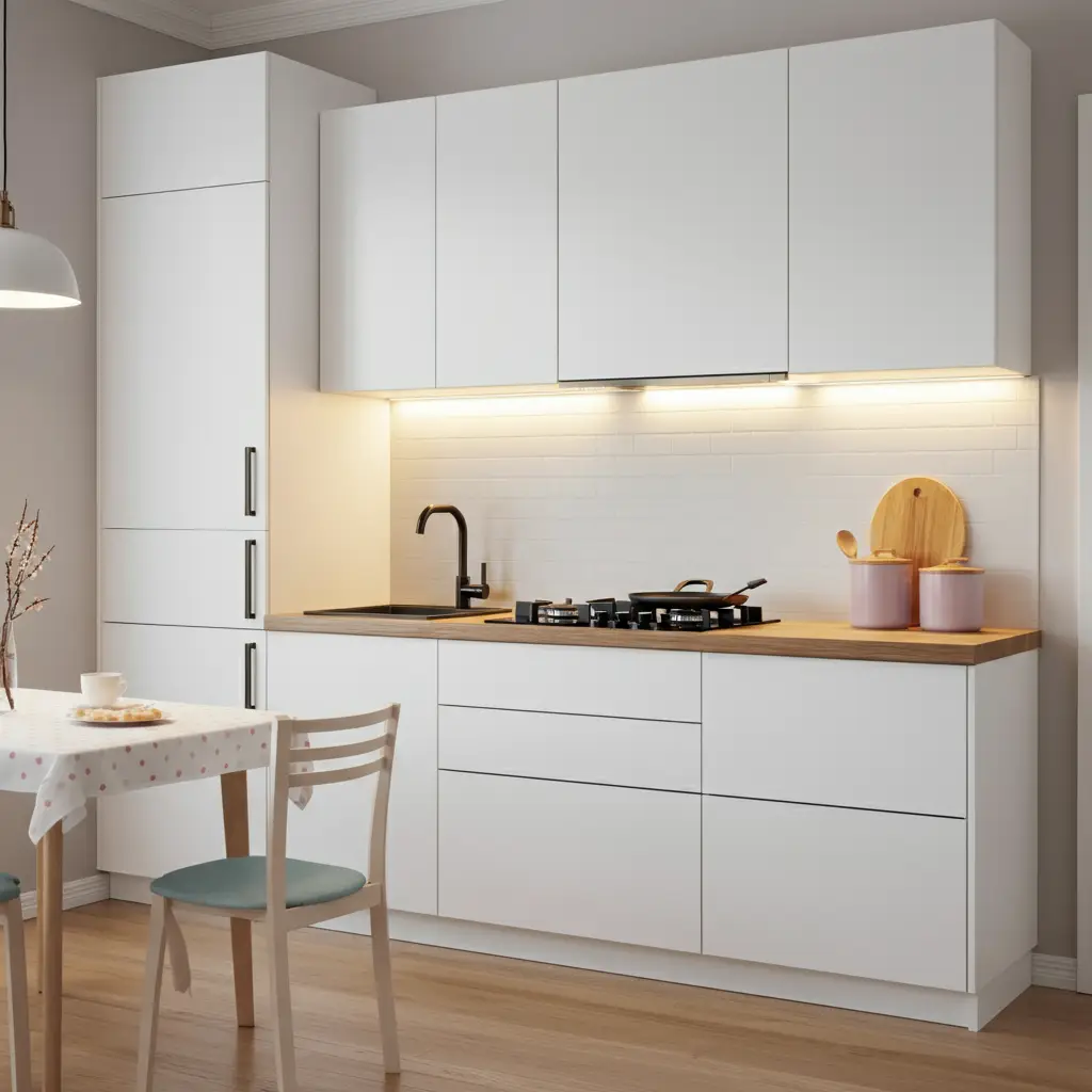 A small white kitchen with pastel accents and LED lighting under cabinets to enhance the space.