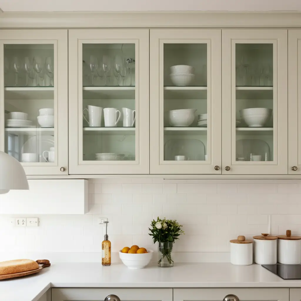 A bright kitchen with glass-front cabinets displaying neatly organized white dishes.