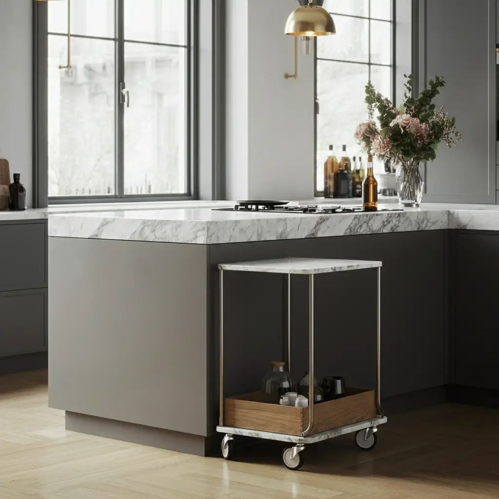 A modern kitchen design showing an extended marble countertop paired with a compact rolling cart underneath.