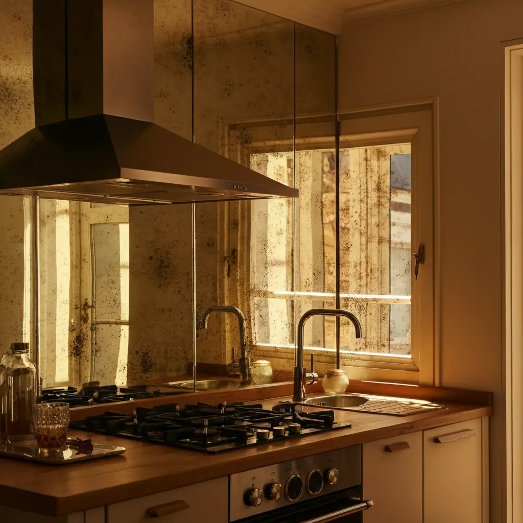A reflective mirror backsplash in a tiny kitchen reflecting natural light from a nearby window.