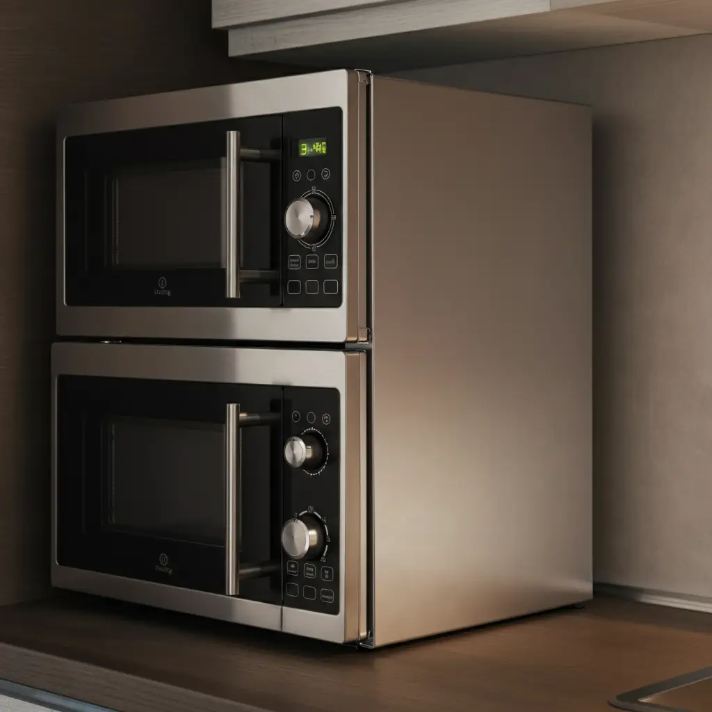 A compact stainless-steel refrigerator and microwave-convection oven in a stylish tiny kitchen.