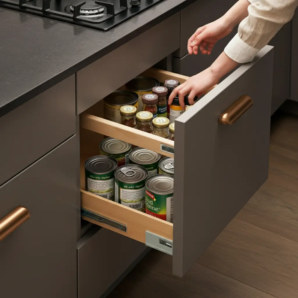 A tiny kitchen drawer with pull-out compartments for organizing spices and canned foods.