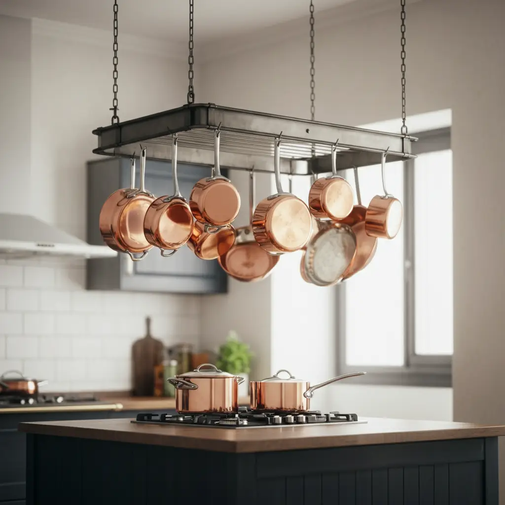 A modern industrial-style pot rack hanging above a small kitchen island, showcasing copper cookware.