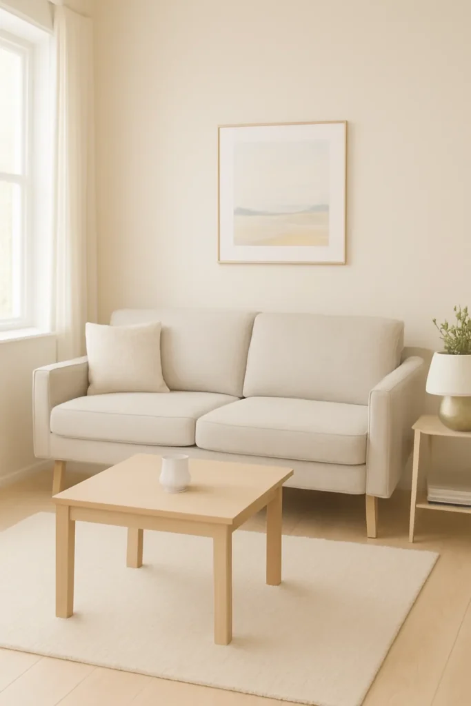 A small living room with a streamlined sofa and light, space-saving furniture