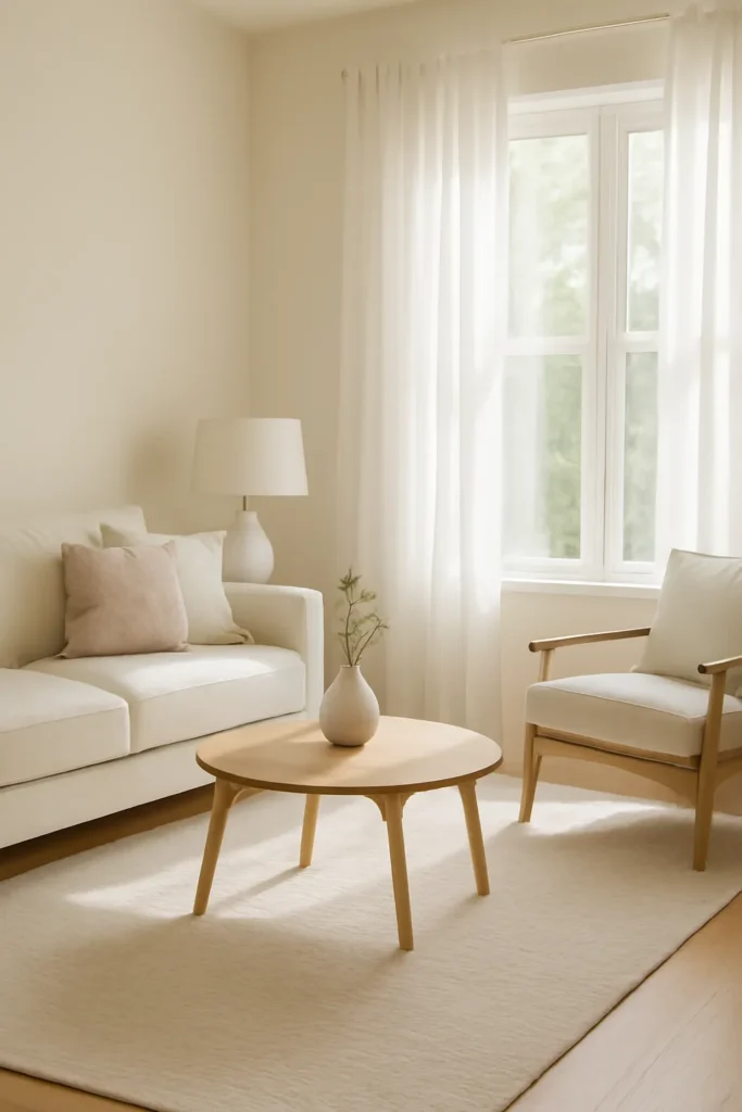 Light, sheer curtains allowing natural light to brighten a small living room
