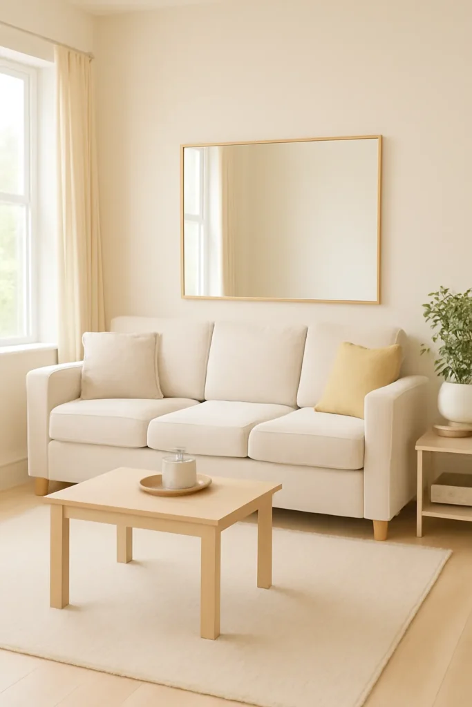 A large mirror reflecting light in a small living room to create the illusion of space.