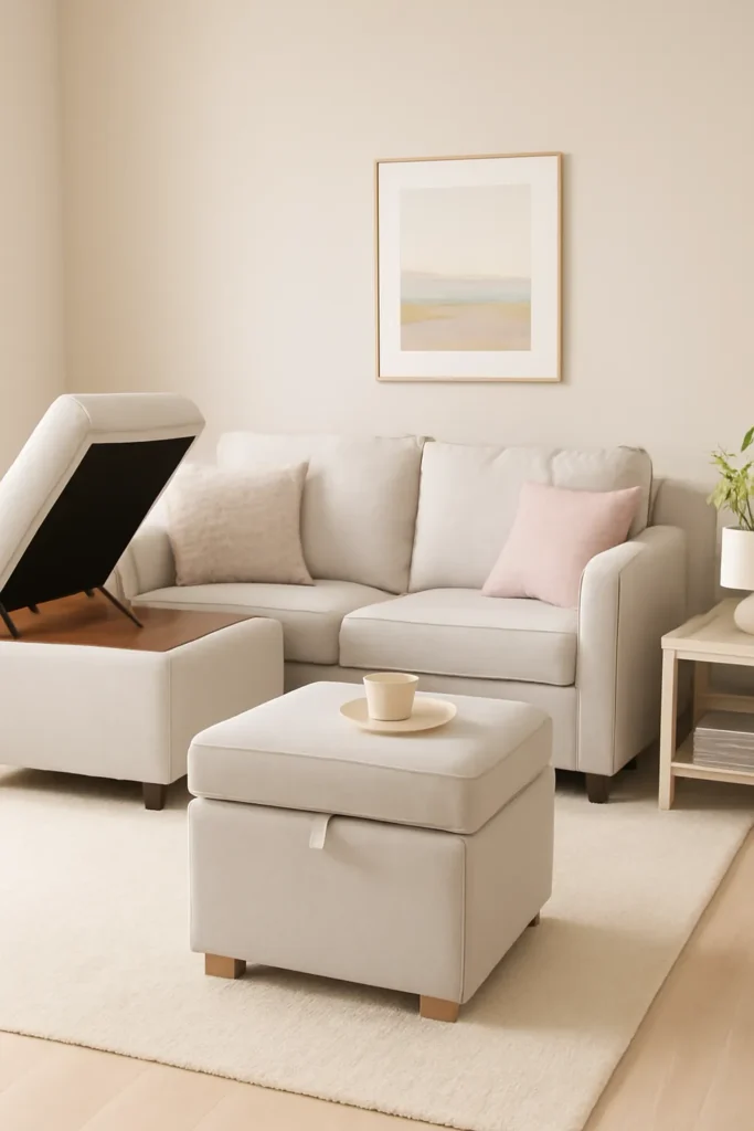 Multi-functional furniture like a sofa with storage and an ottoman that serves as seating