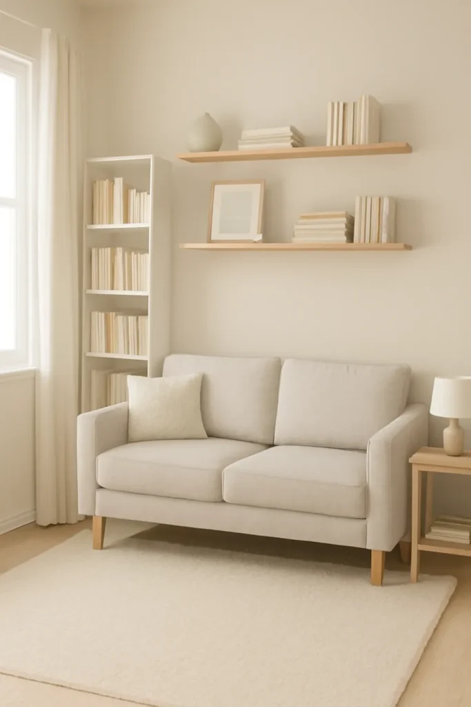 Floating shelves and vertical storage in a small living room