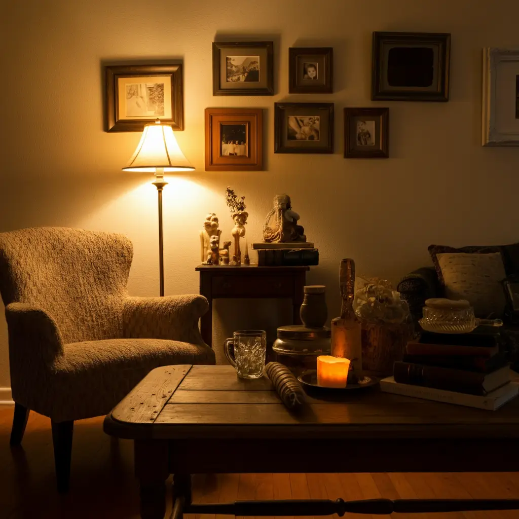 An affordable floor lamp adding warmth to a small living room