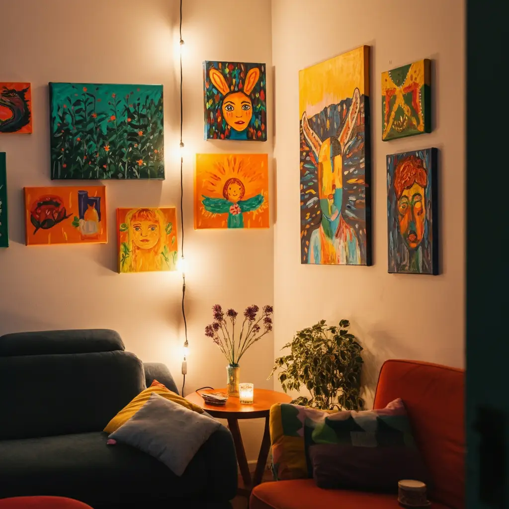 DIY wall art made from inexpensive materials hanging in a small living room.