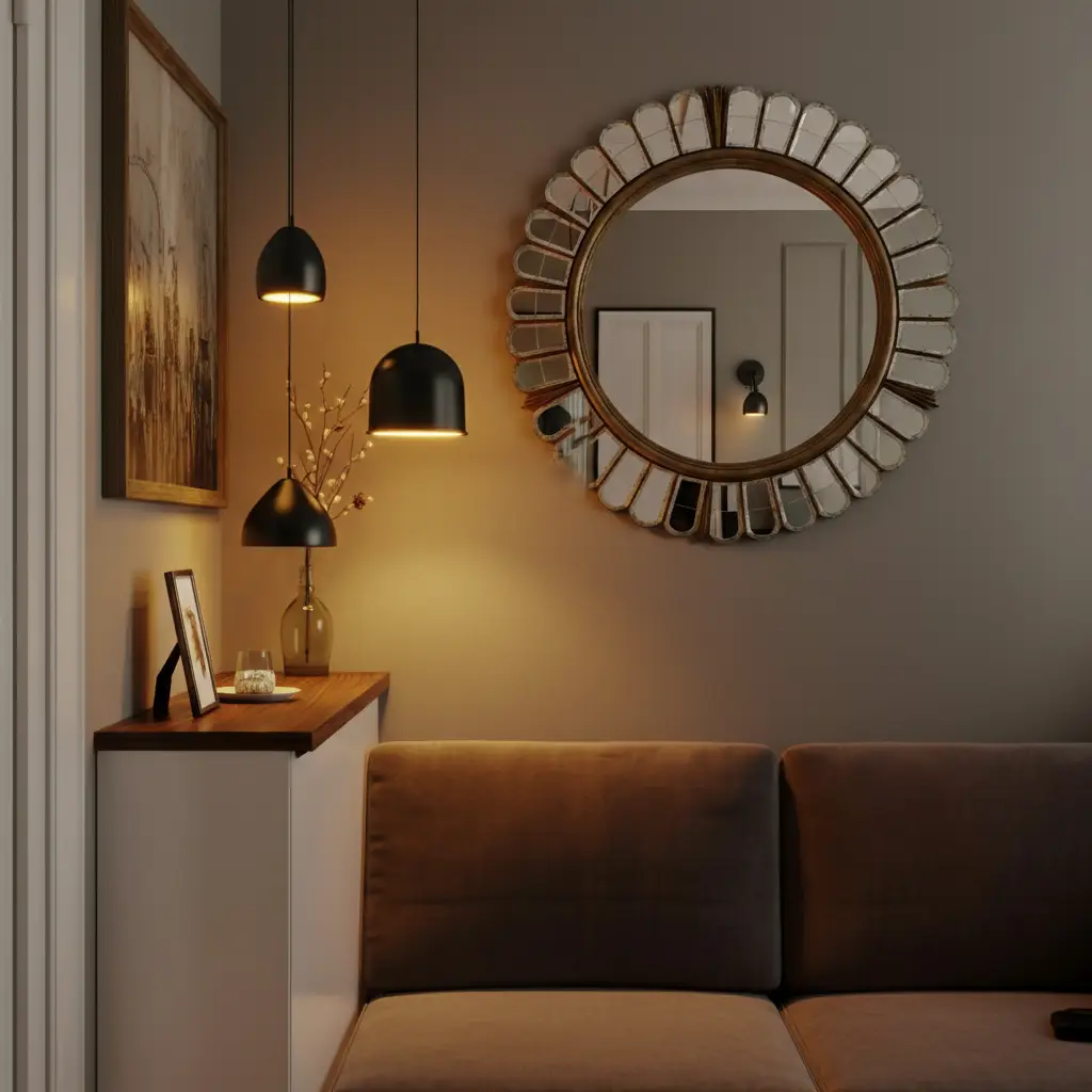A decorative mirror on the wall creating the illusion of a bigger living room.