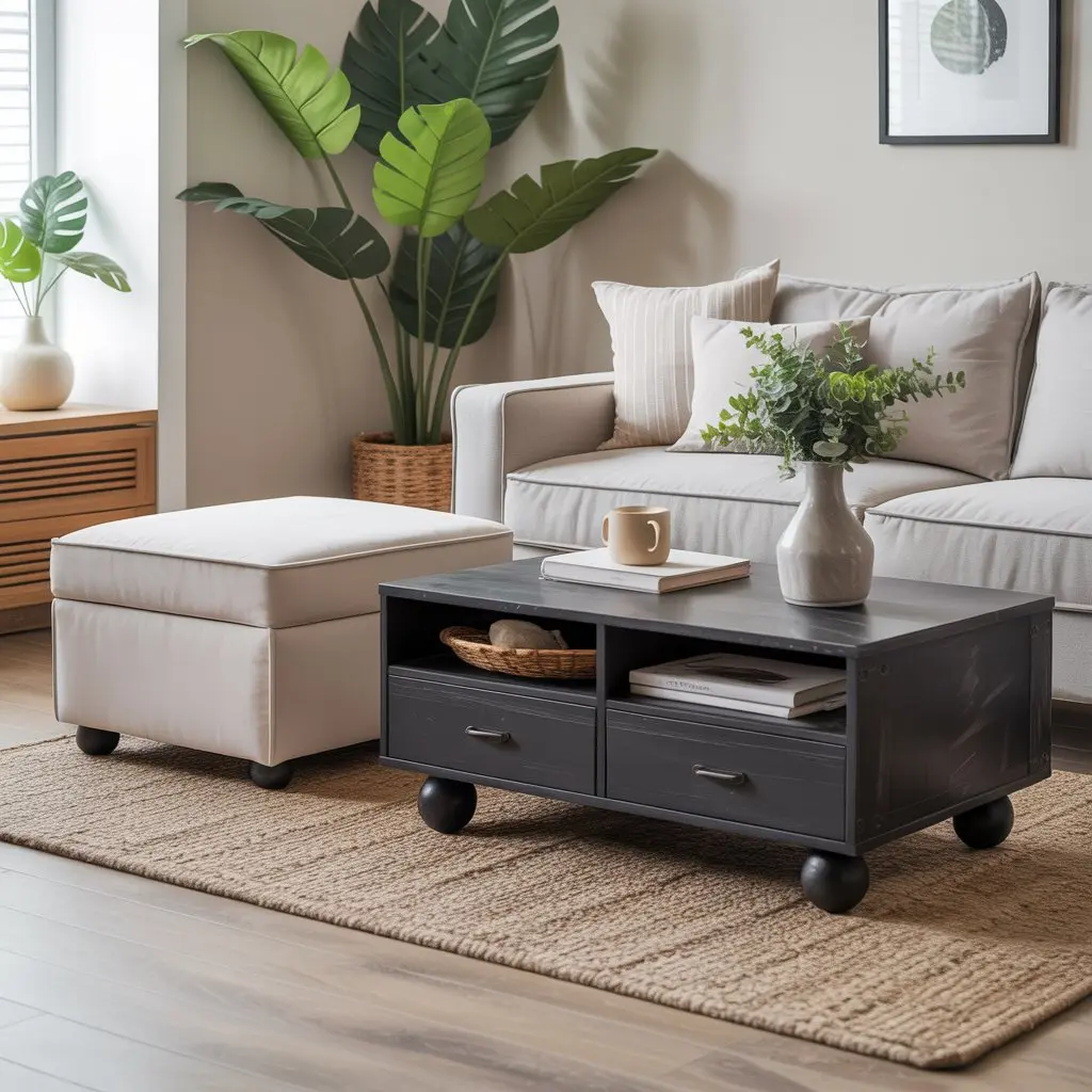 Dual-purpose furniture in a small living room for added function and style.