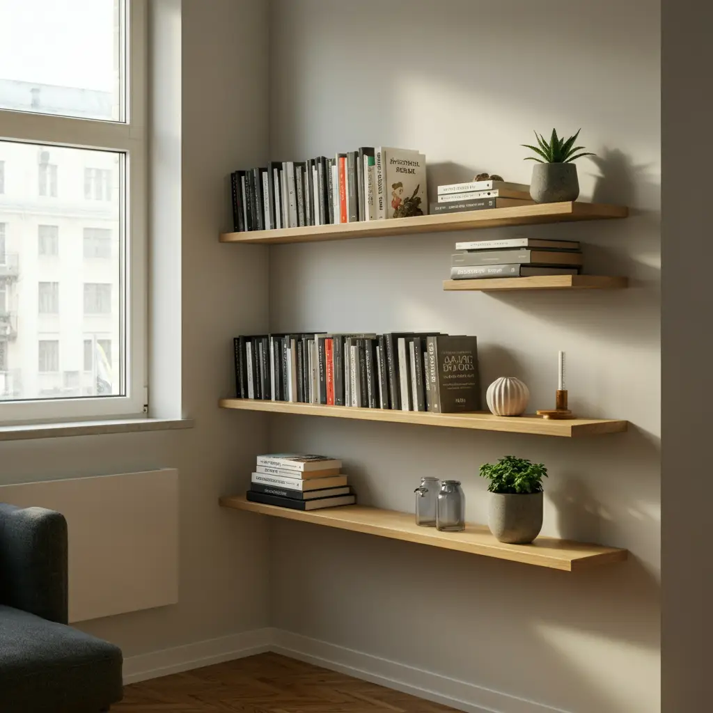 Floating shelves displaying decor items and books in a small living room.