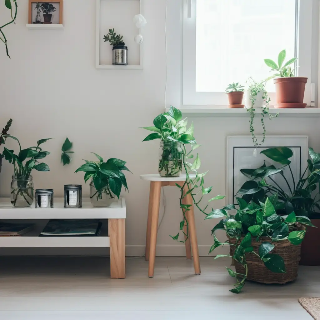 : Affordable indoor plants like pothos and succulents decorating a small living room.