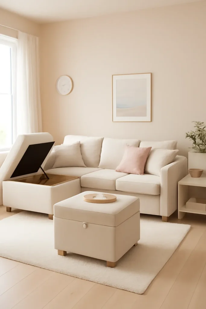Light-colored living room with soft pastel walls and light furniture