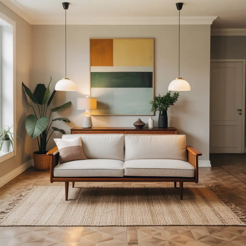 Mid-century sofa floating in small living room with rug and console table behind it.