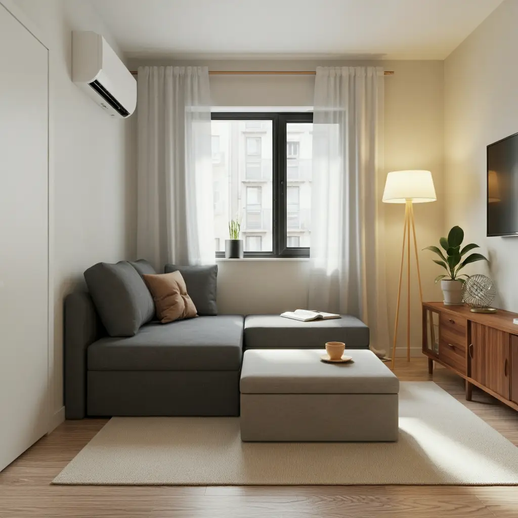 Multi-functional furniture like a storage ottoman and a sofa bed in a small living room.