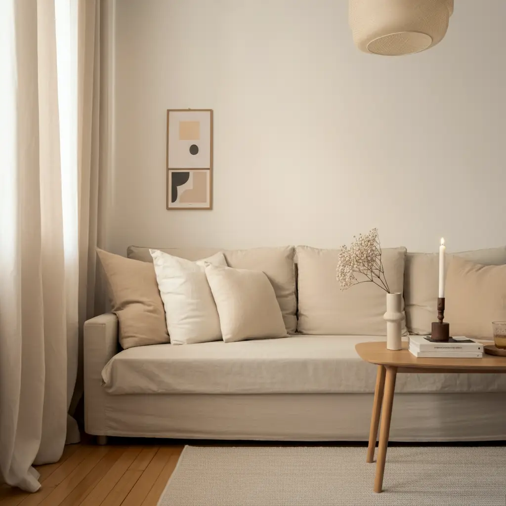 A small living room designed with neutral colors and budget-friendly decor.