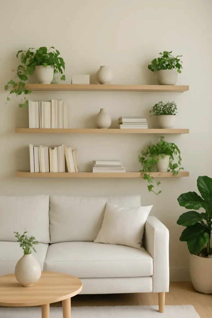 Open shelves in a living room displaying books and plants