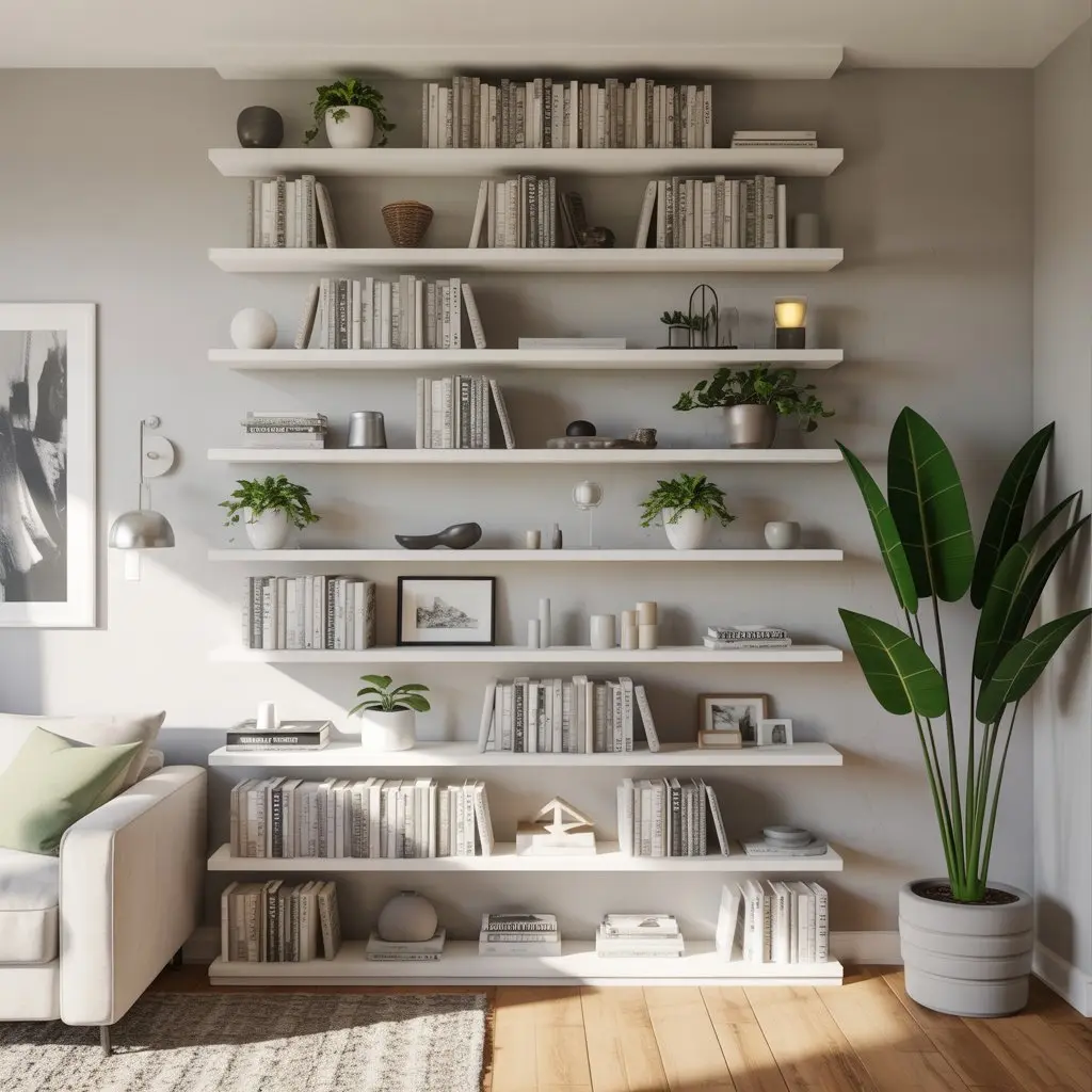 Vertical shelving in a small living room maximizing storage and openness.