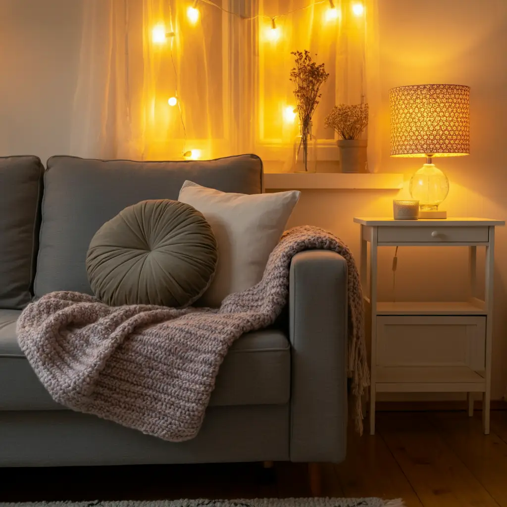 Cozy throw blankets and rugs adding texture to a small, affordable living room.