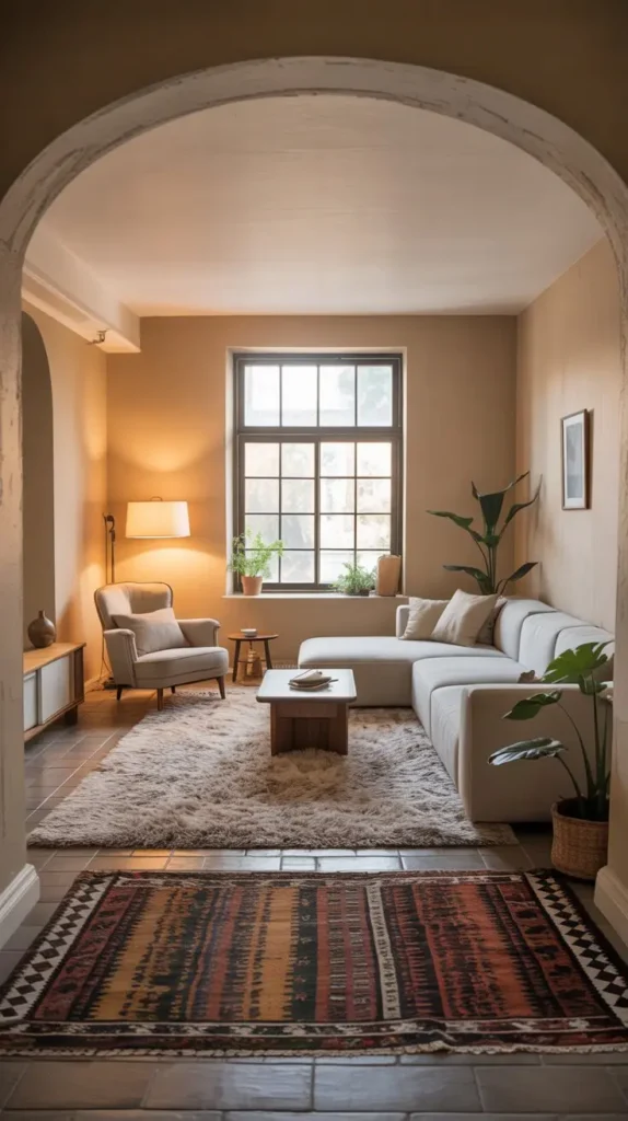 Area rugs defining separate zones in a small open living room.