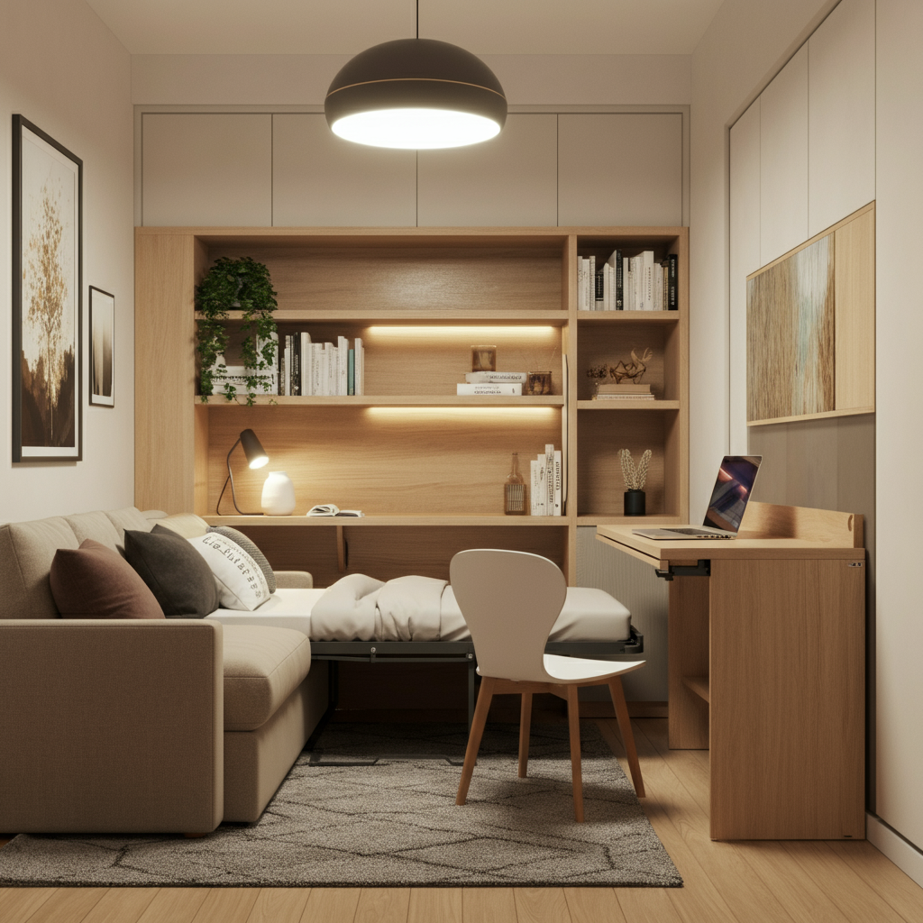 Living room with a convertible sofa and multipurpose furniture elements.
