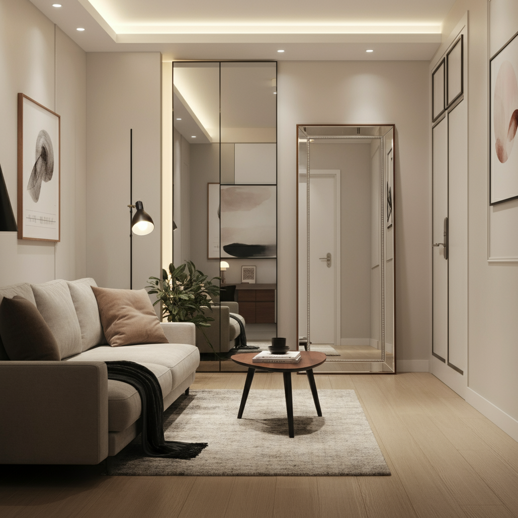 Living room with a large mirror reflecting natural light from a window.