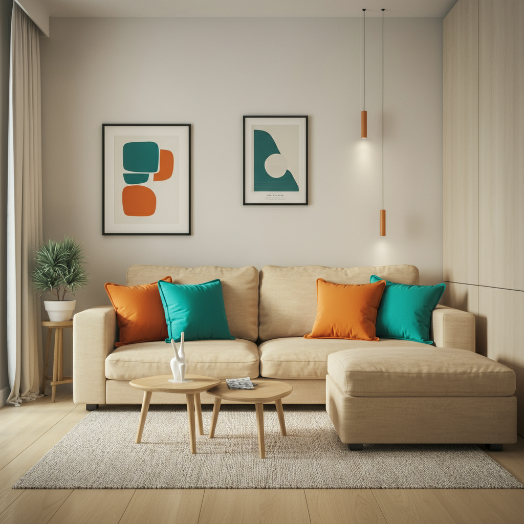 Light-colored living room with pastel accents and neutral furniture.