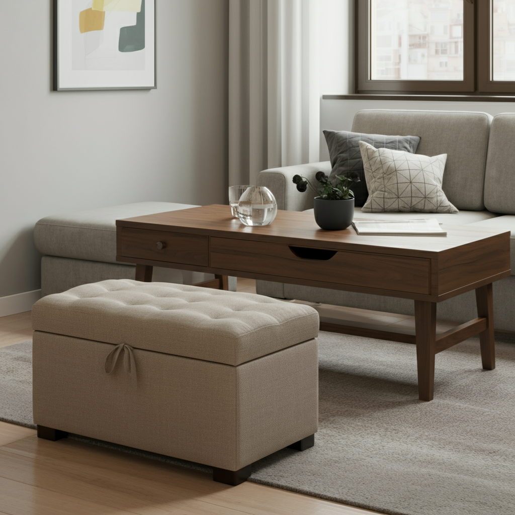 Storage ottoman and coffee table with drawers in a small living room.
