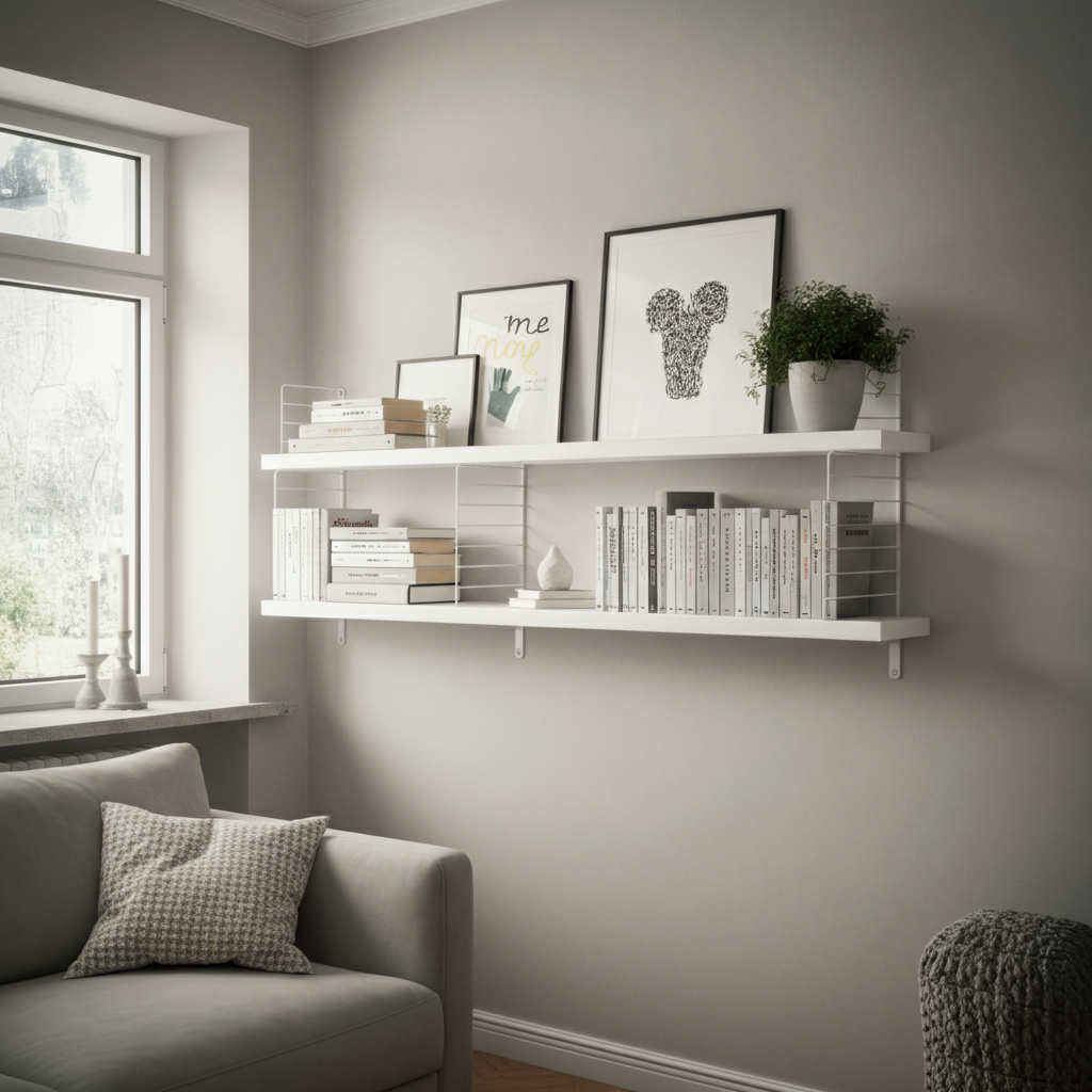 White floating shelves neatly displaying books and decor in a small living room.

