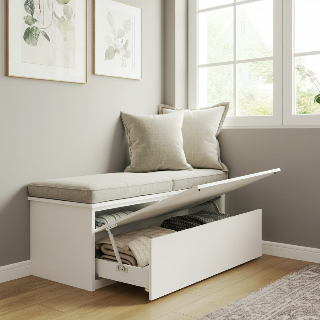 Built-in bench seating in a small living room, showing hidden storage compartments.