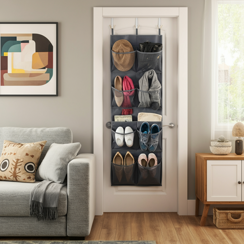 Over-the-door organizer filled with shoes in a small living room.