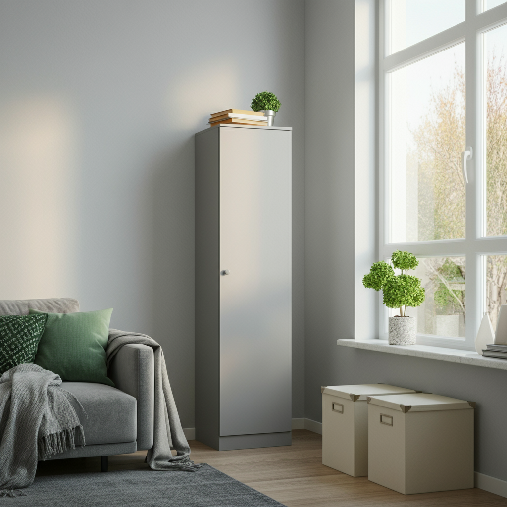 Tall slim storage cabinet with books and bins in a stylish small living room.
