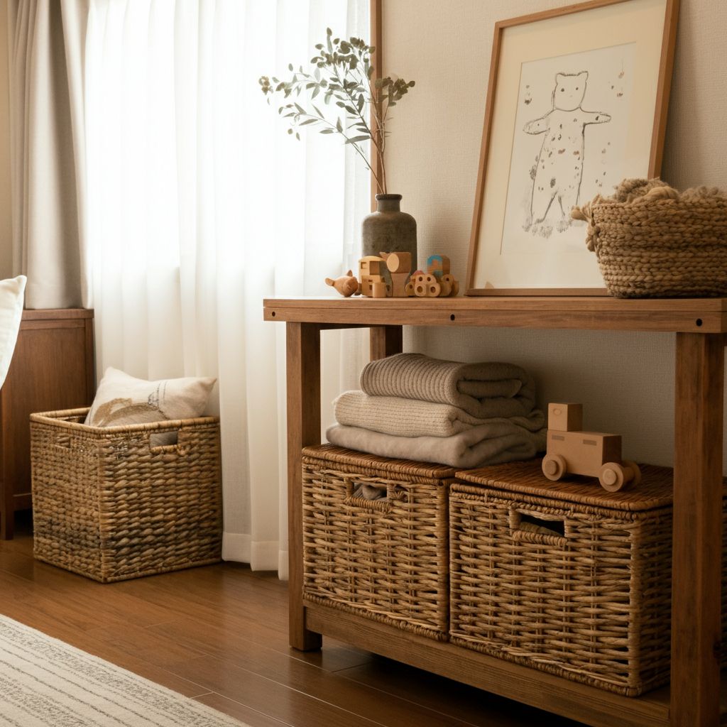 Wicker storage baskets neatly placed under a console table in a cozy living room.