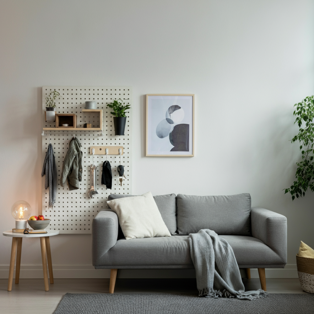 Modern pegboard with hooks and small shelves organizing living room essentials.