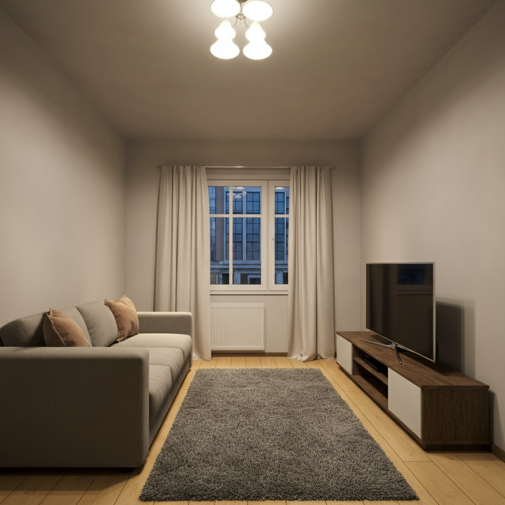 Small living room with a sofa and chairs arranged facing a TV unit.