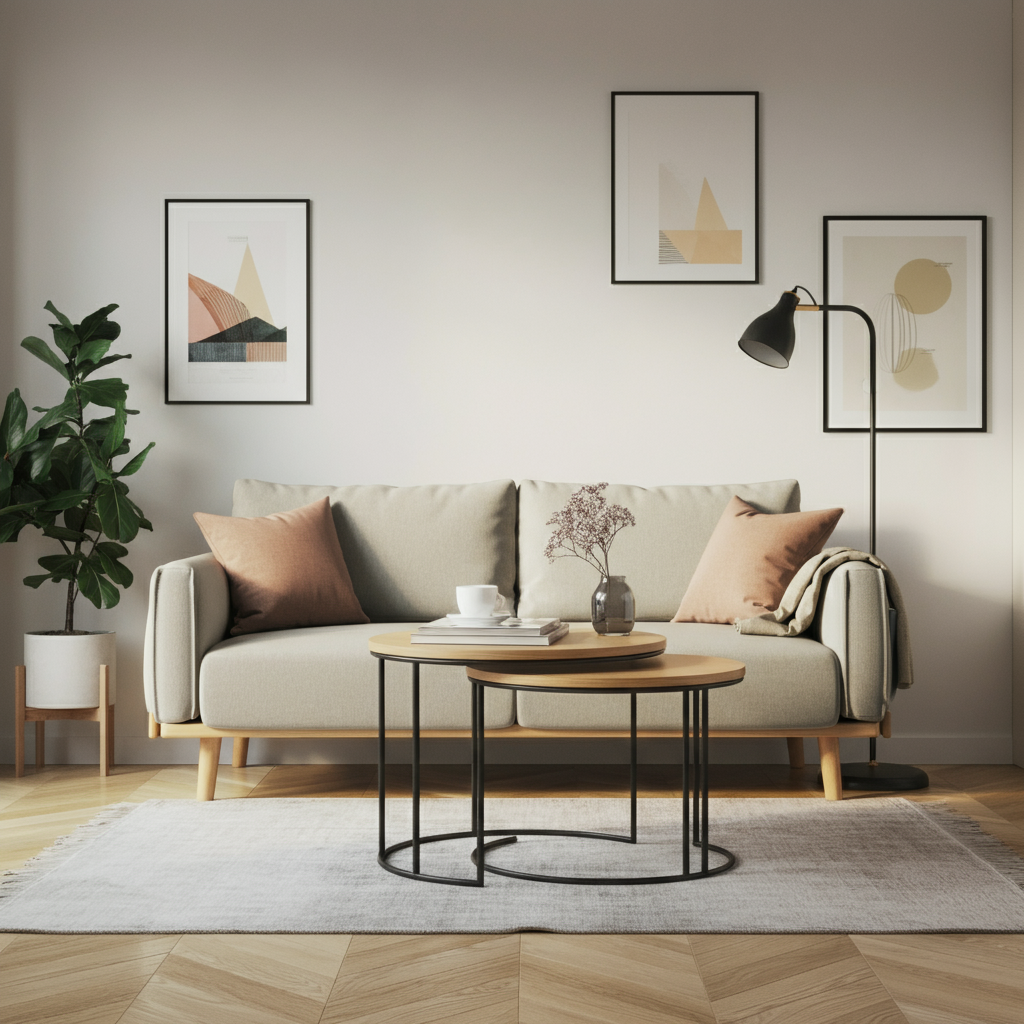 Compact sofa paired with a glass-top coffee table in a small living room.