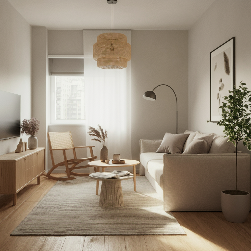 Modern living room with furniture arranged to keep walkways clear.