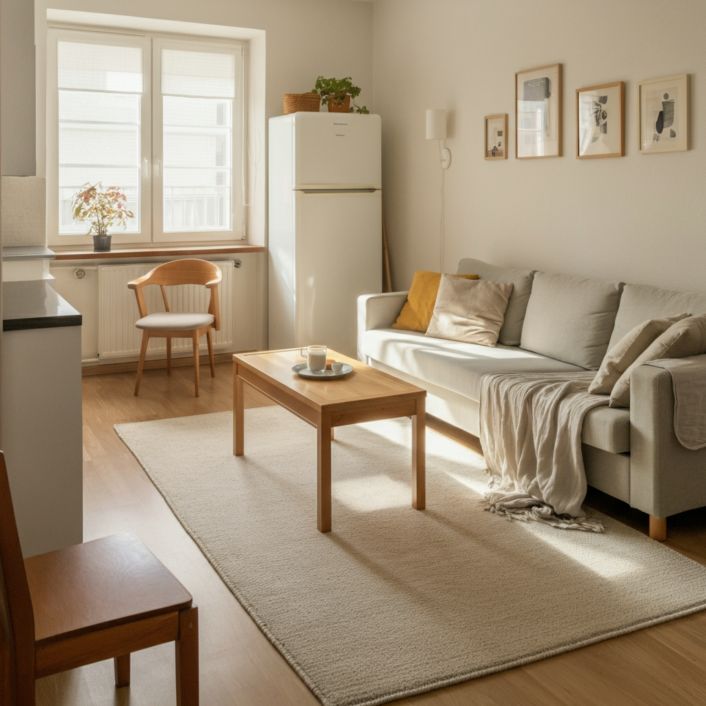 Neutral-colored rug creating a cozy seating zone in a small living room.