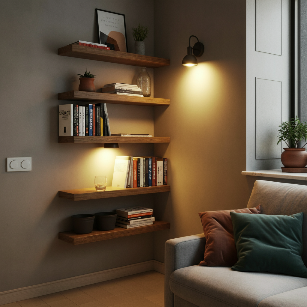 Living room featuring floating shelves and high-hung curtains to maximize vertical space.