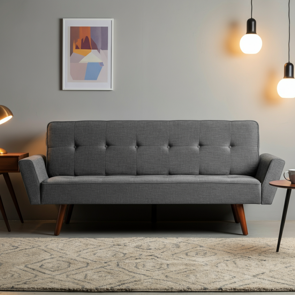 Mid-century modern sofa bed in gray upholstery, perfect for small living rooms.