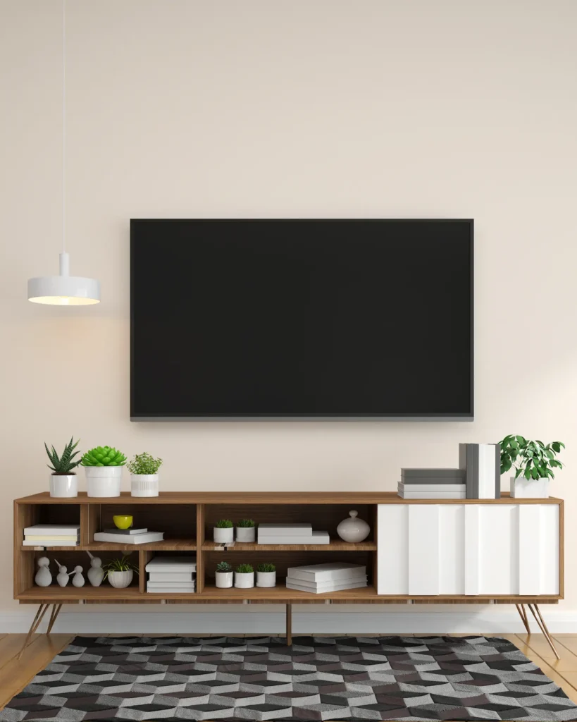 Wall-mounted TV setup with floating shelves in a small space.