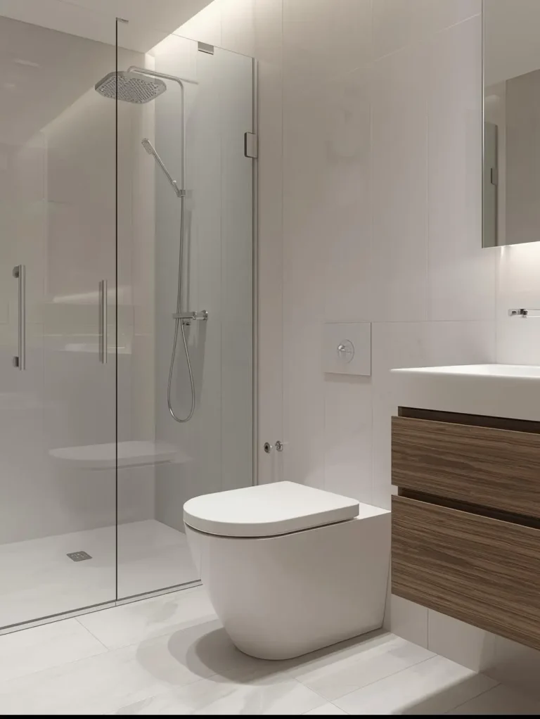 toiletries, towels, and bathroom accessories in a small space.